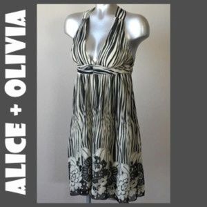 Alice + Olivia Cream Black Striped Halter Dress Floral Hem Size XS EUC